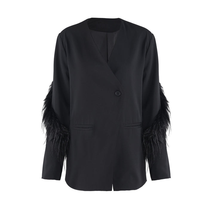 Black V Neck Asymmetrical Feather Sleeve Blazer