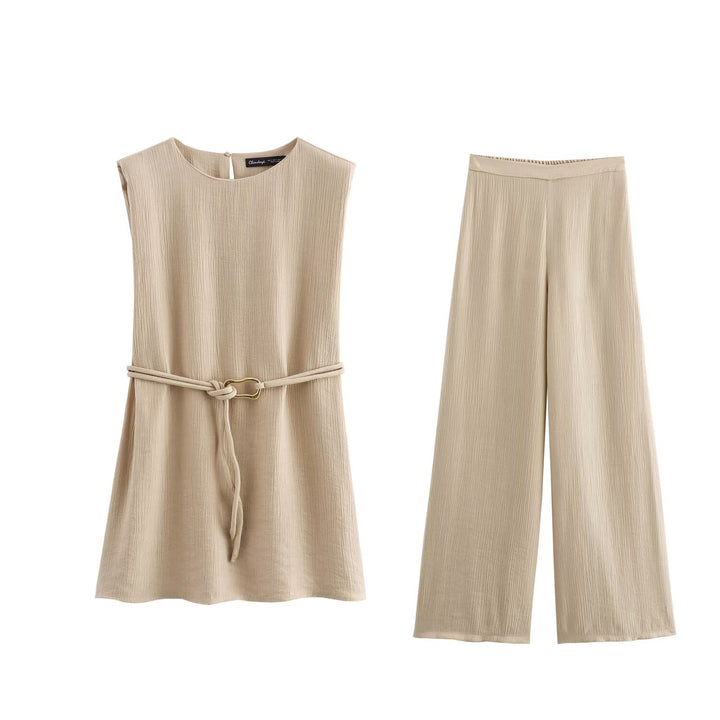 Padded Shoulder Simple Belt Pleated Set