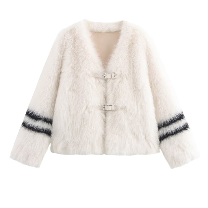 V Neck Crop Varsity Eco Fur Coat