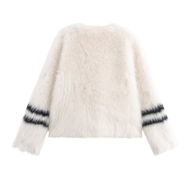 V Neck Crop Varsity Eco Fur Coat