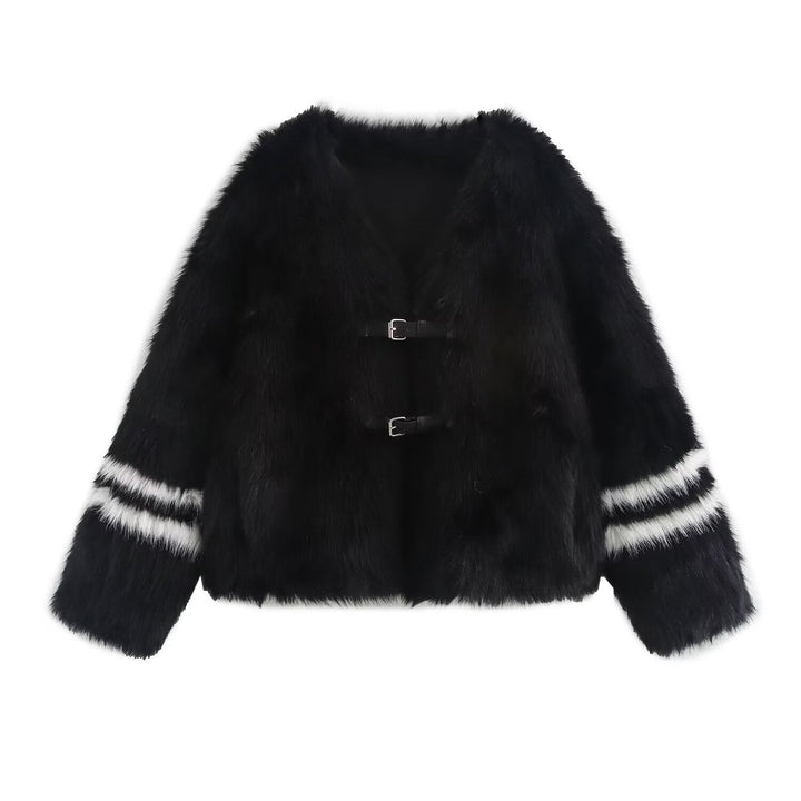 V Neck Crop Varsity Eco Fur Coat