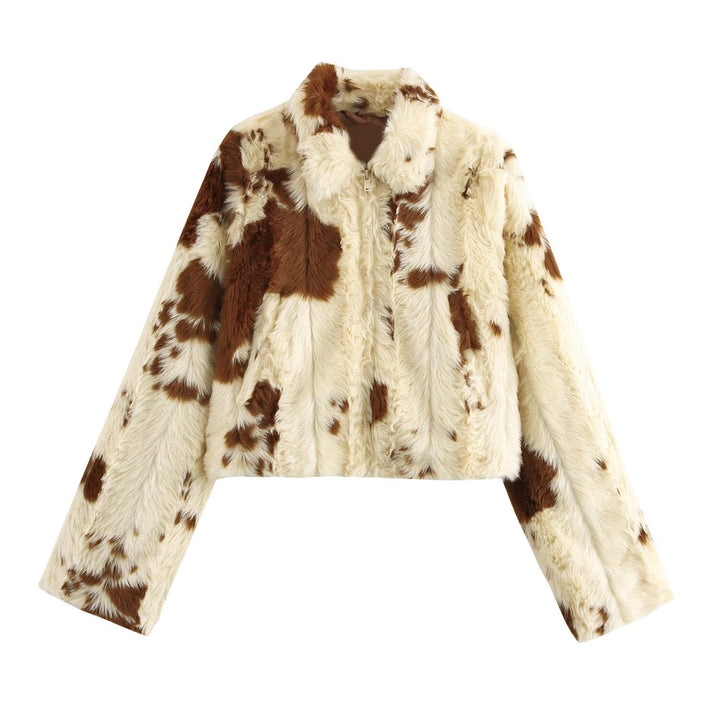 Cow Print Vegan Fur Crop Jacket