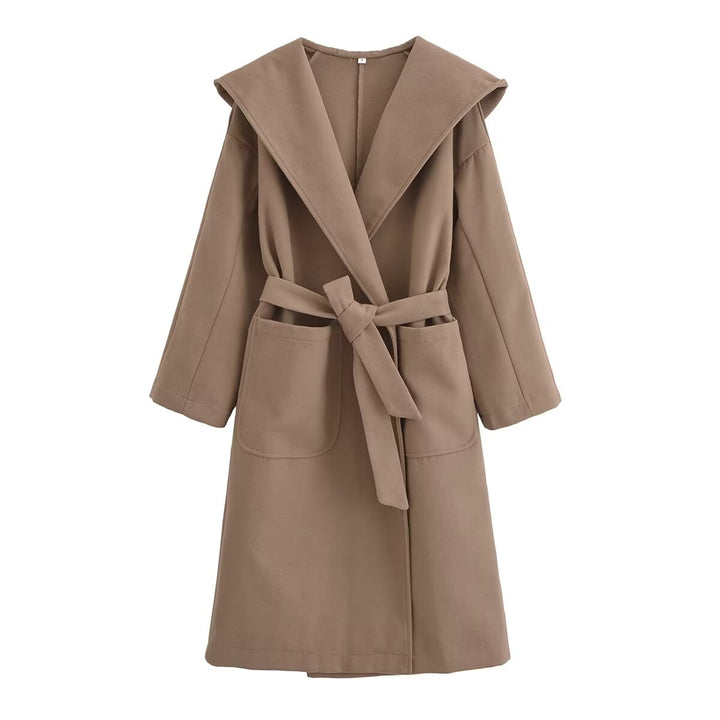 Stylish Simple Brown Cape Hooded Belted Overcoat