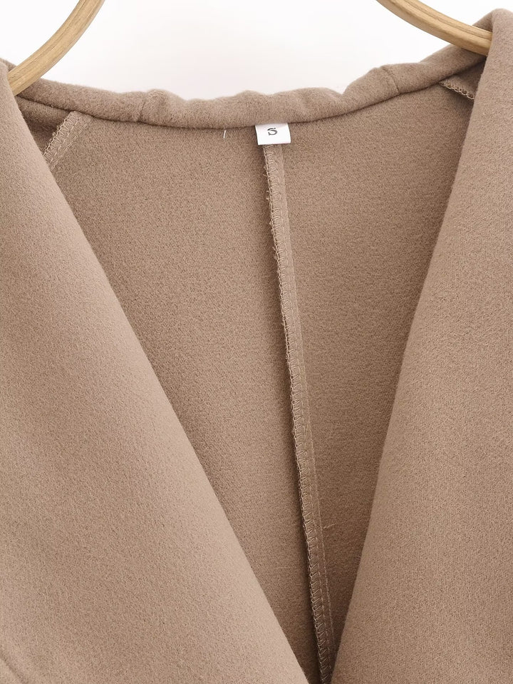 Stylish Simple Brown Cape Hooded Belted Overcoat