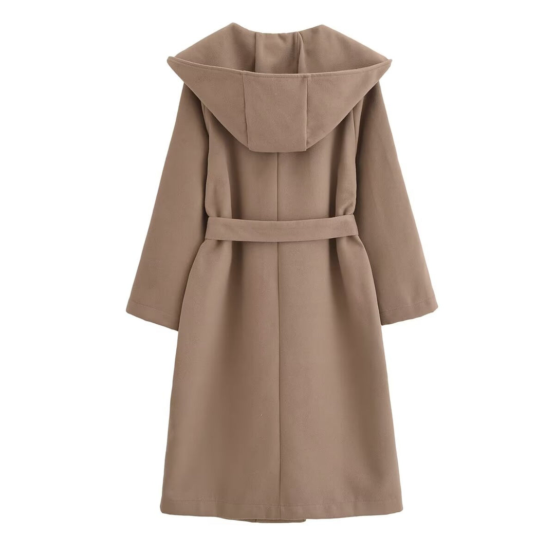 Stylish Simple Brown Cape Hooded Belted Overcoat