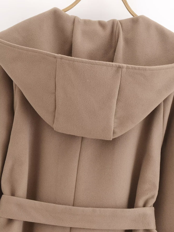 Stylish Simple Brown Cape Hooded Belted Overcoat