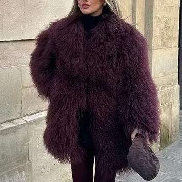 Burgundy Mid Length Eco Fur Coat