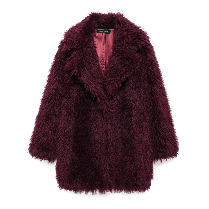 Burgundy Mid Length Eco Fur Coat