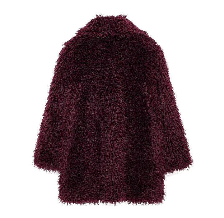 Burgundy Mid Length Eco Fur Coat