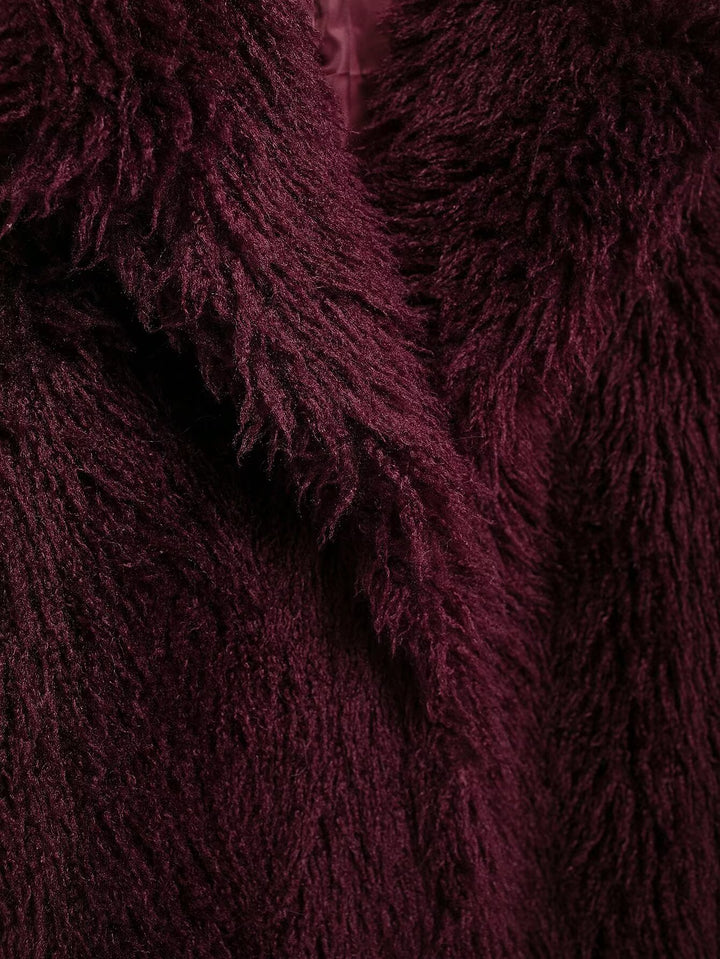 Burgundy Mid Length Eco Fur Coat