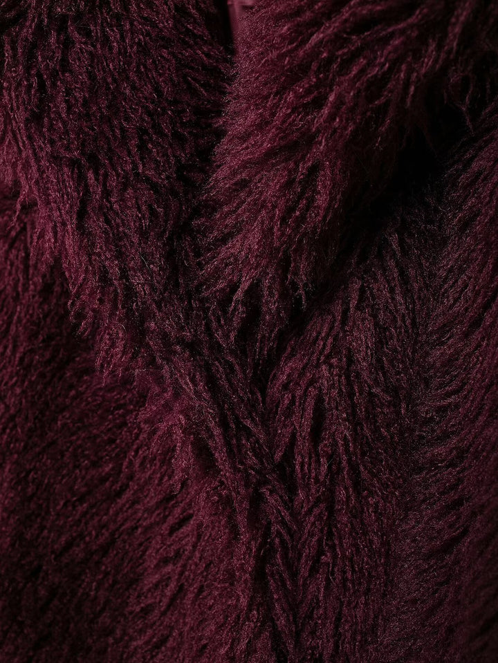 Burgundy Mid Length Eco Fur Coat