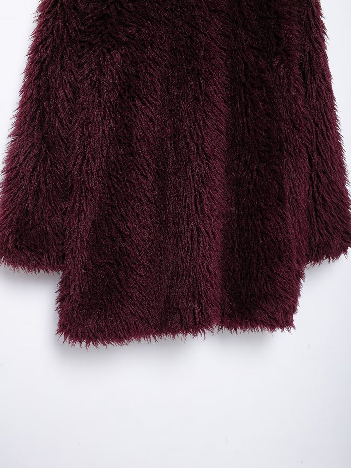 Burgundy Mid Length Eco Fur Coat