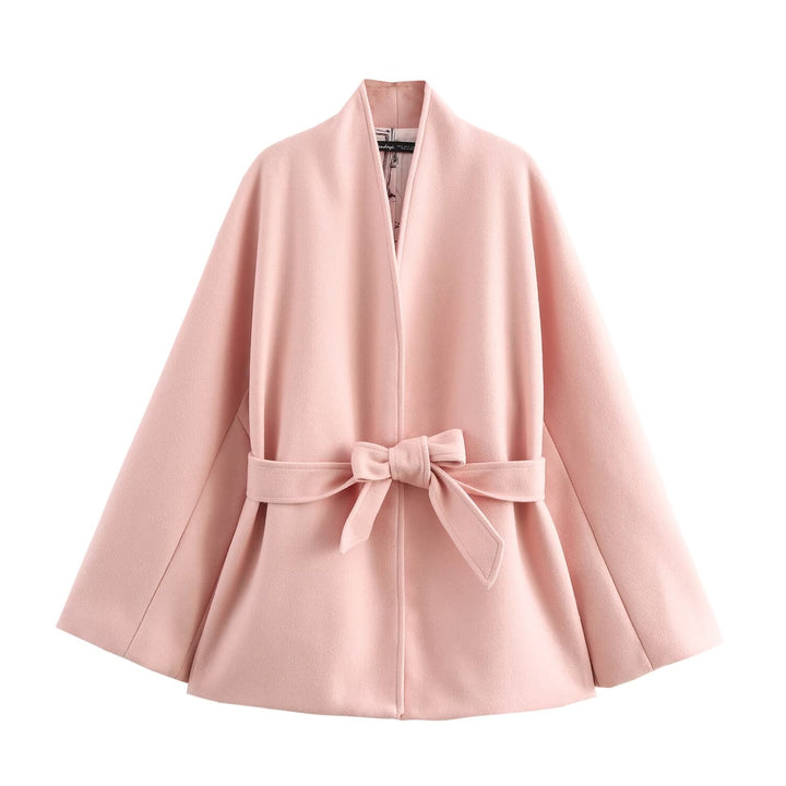 Plush Pink Tie Waist High Neck Overcoat