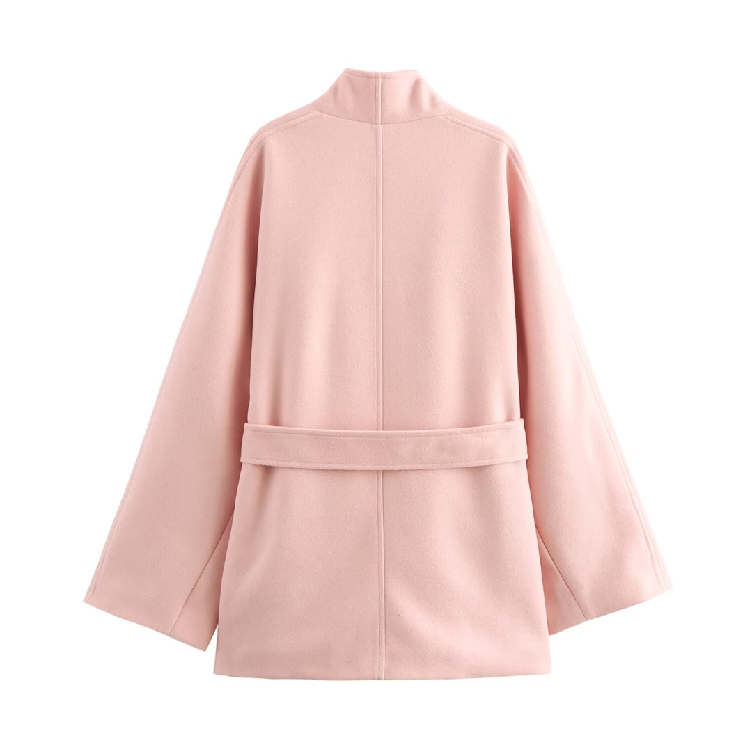 Plush Pink Tie Waist High Neck Overcoat