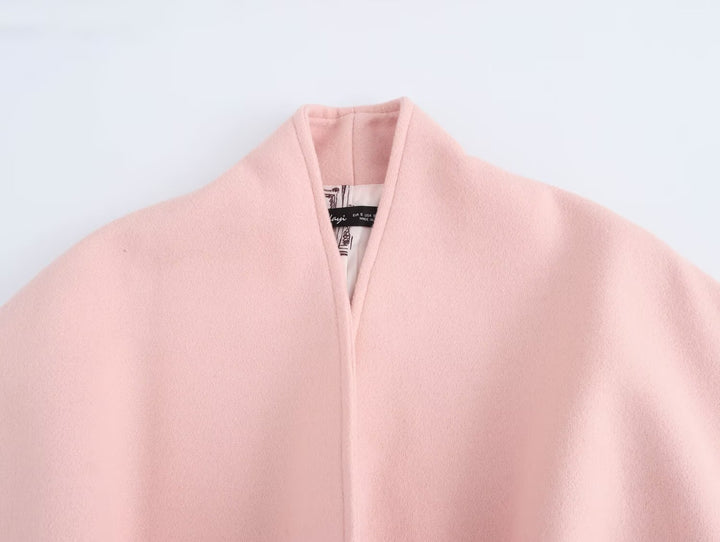 Plush Pink Tie Waist High Neck Overcoat