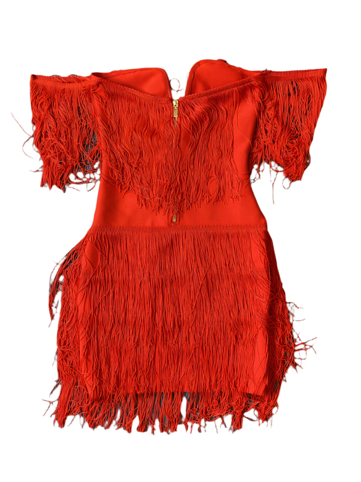 Off The Shoulder Deep V Plunge Fringe Bandage Dress