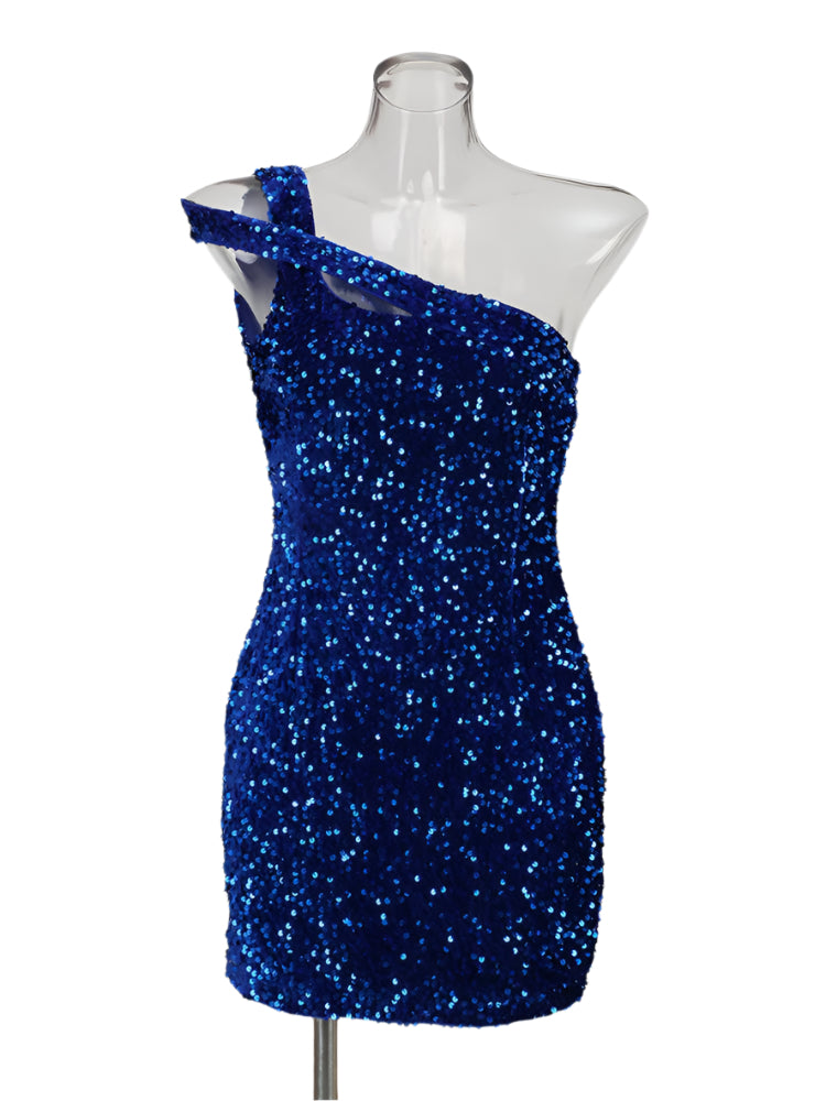 Sequined Sloping Shoulder Mini Dress