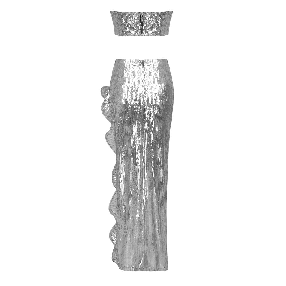 Silver Sequin High Slit Lace Two Piece Set