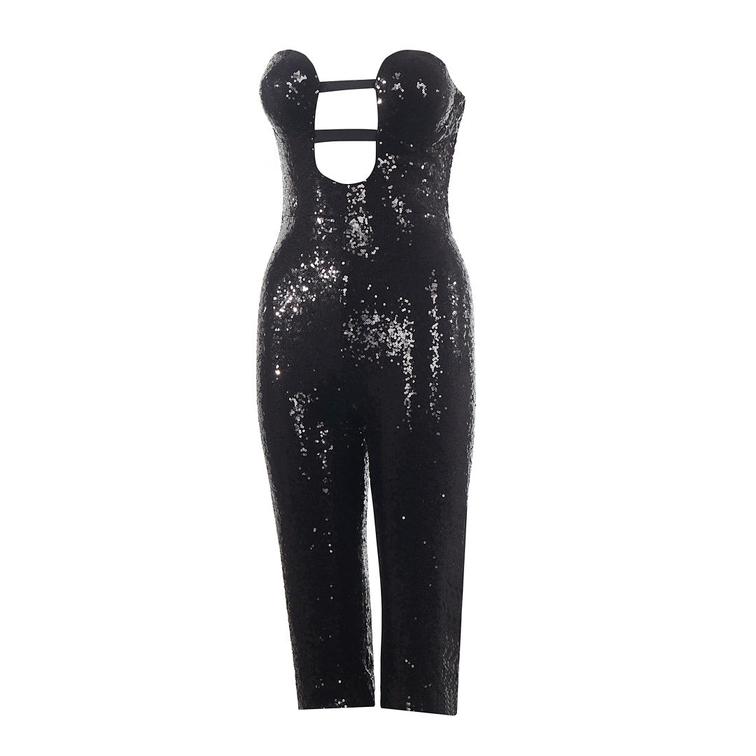 Strapless Black Paillette Jumpsuit