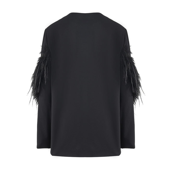 Black V Neck Asymmetrical Feather Sleeve Blazer