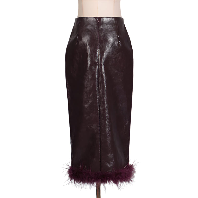 Vegan Leather Midi Feather Skirt