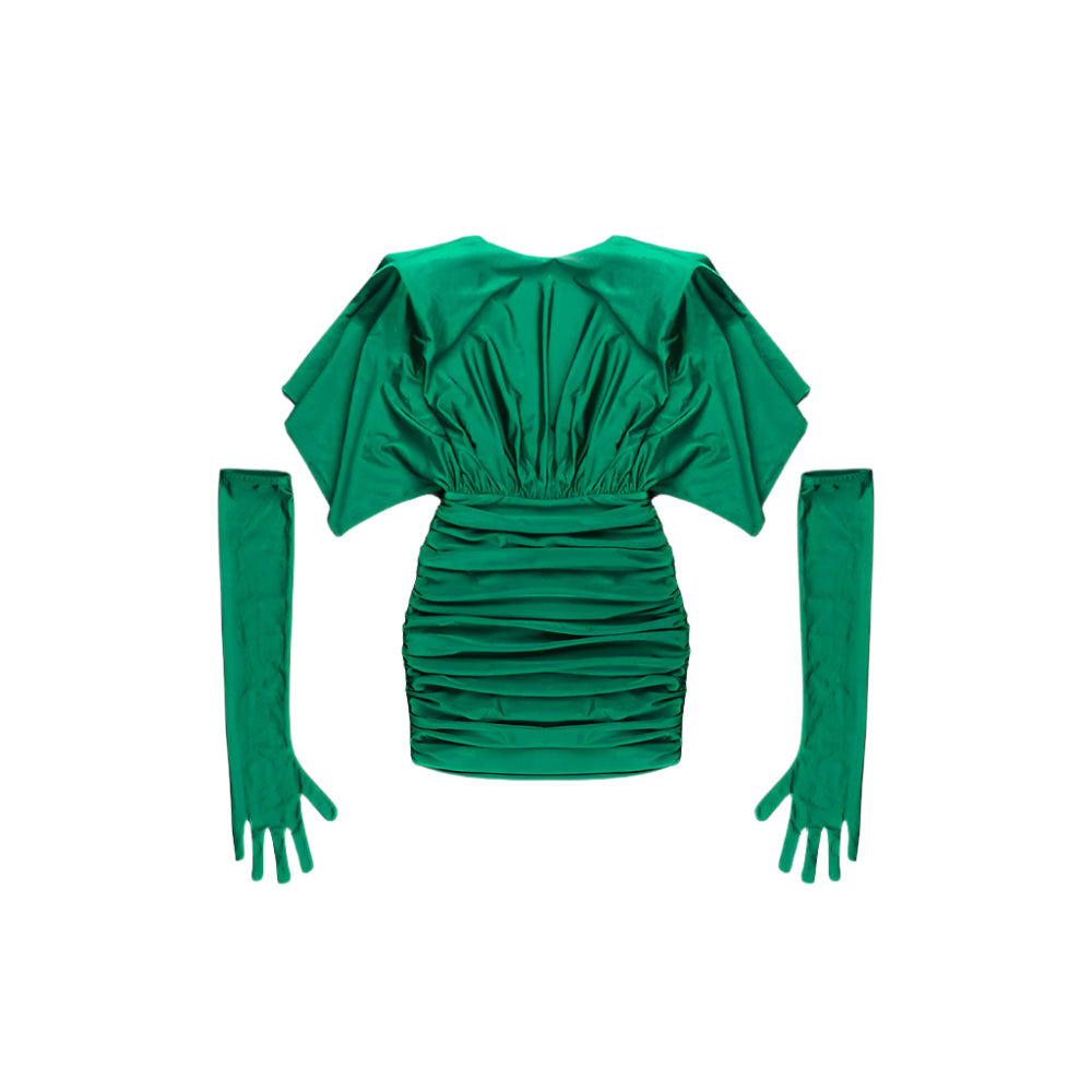 Wide Shoulder Green Dress With Gloves