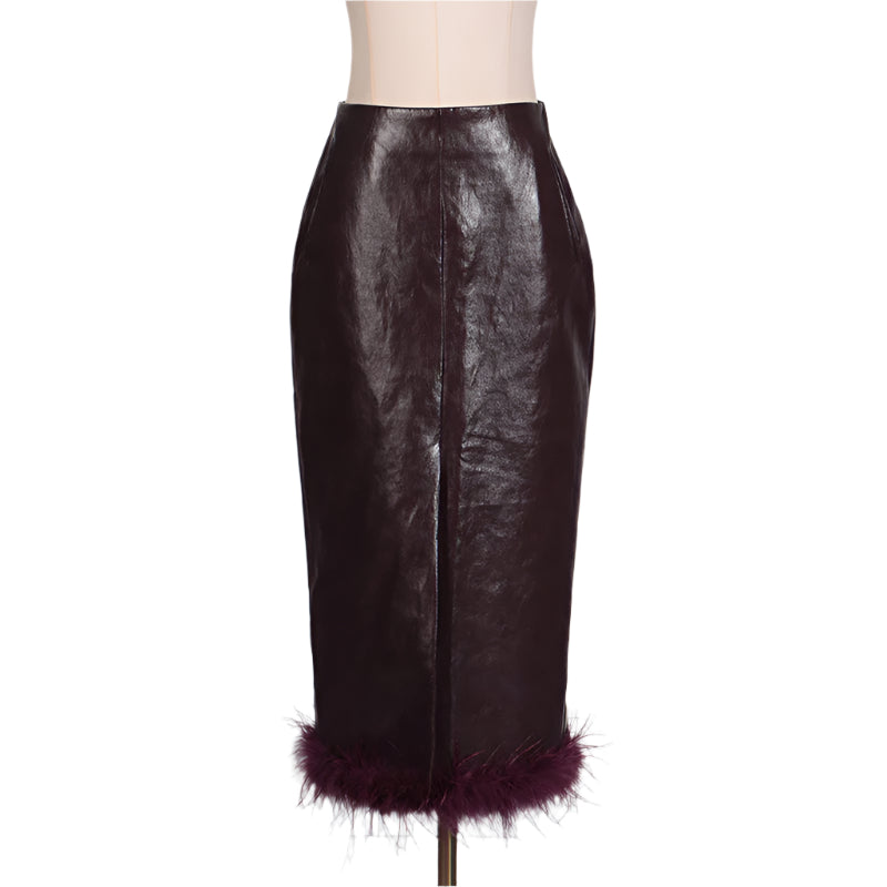 Vegan Leather Midi Feather Skirt