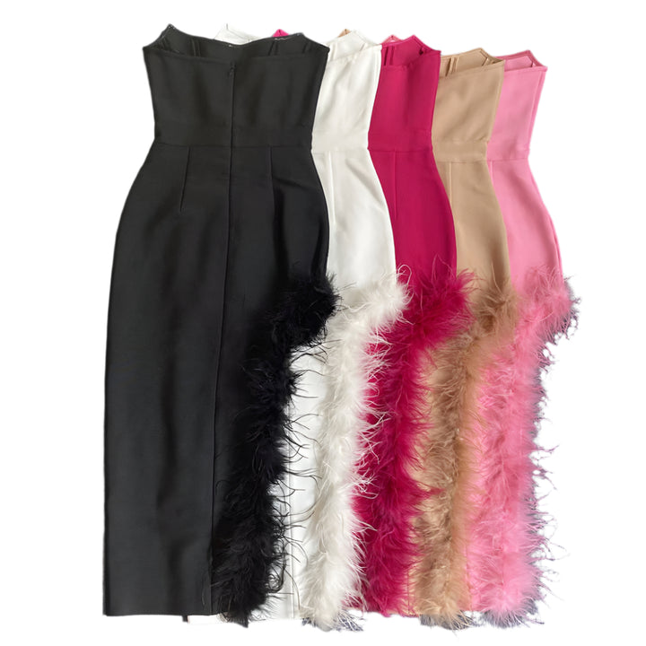 Strapless Side Feather Midi Dress