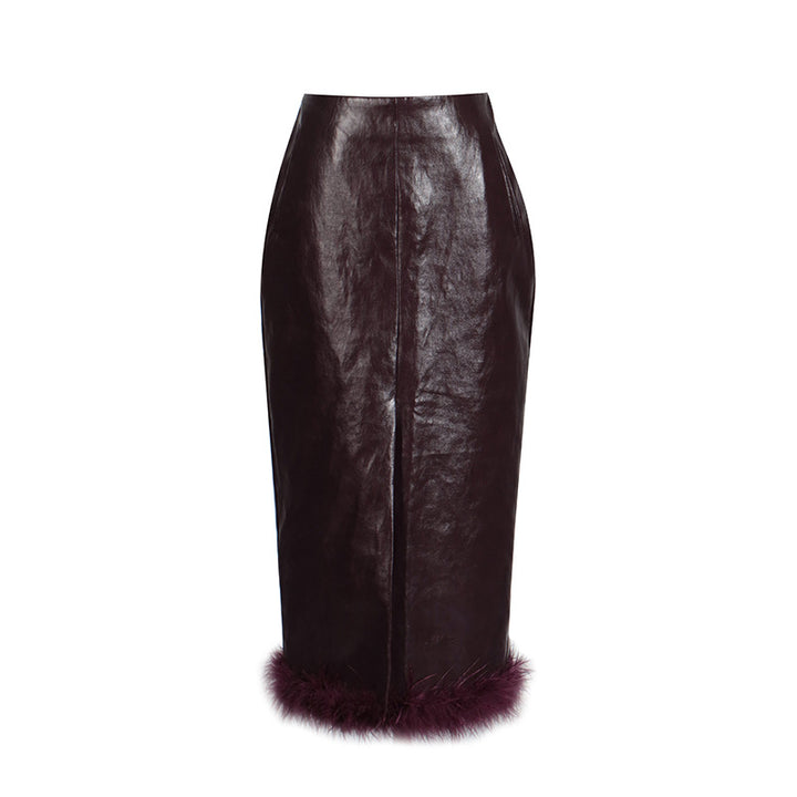 Vegan Leather Midi Feather Skirt