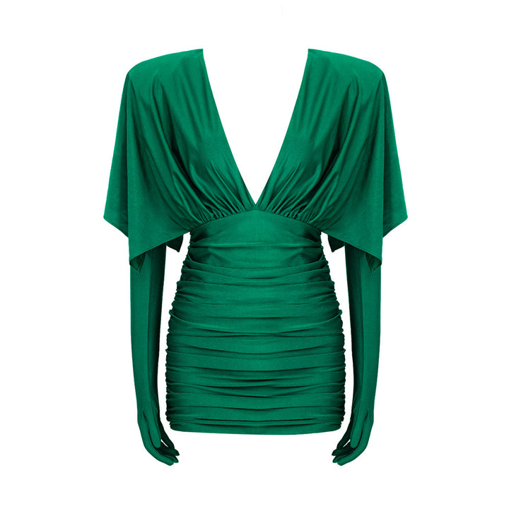 Wide Shoulder Green Dress With Gloves