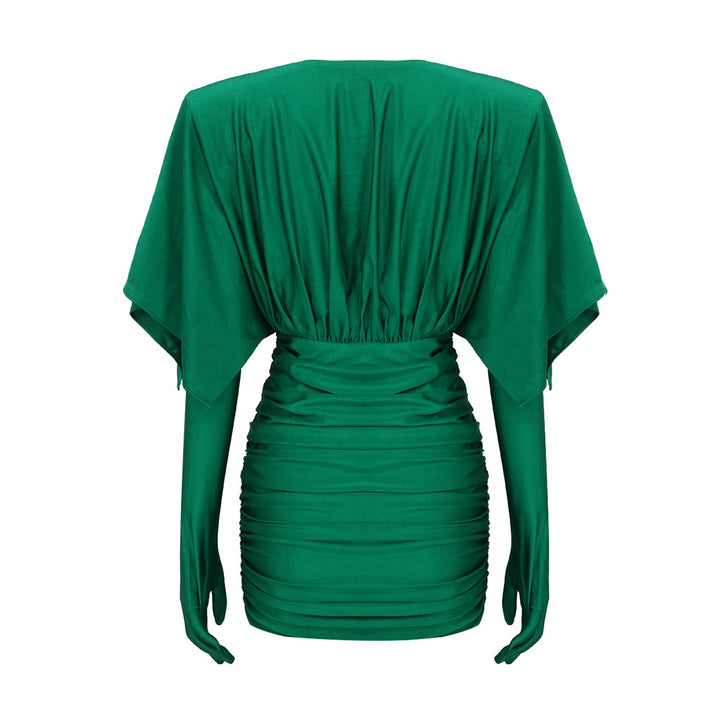 Wide Shoulder Green Dress With Gloves