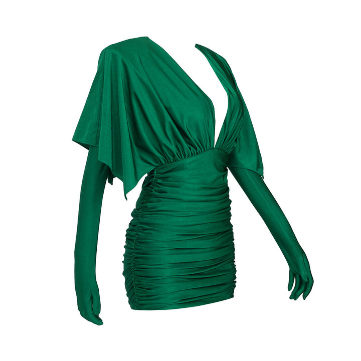 Wide Shoulder Green Dress With Gloves