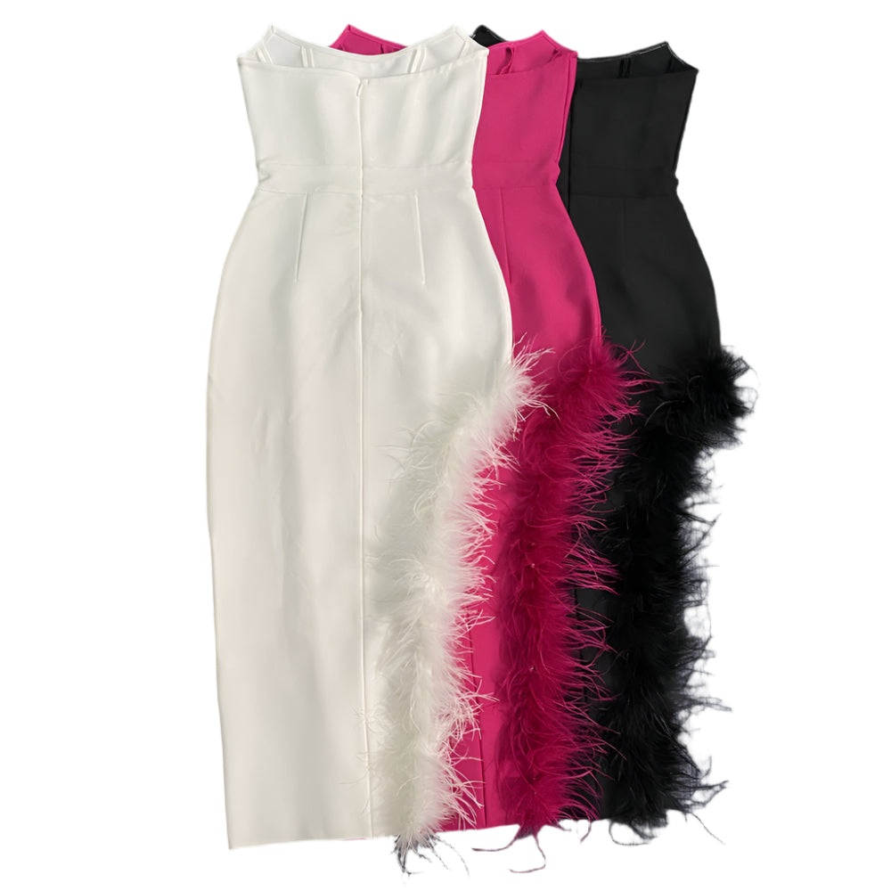 Strapless Side Feather Midi Dress