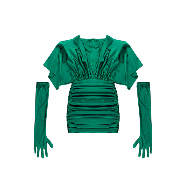 Wide Shoulder Green Dress With Gloves