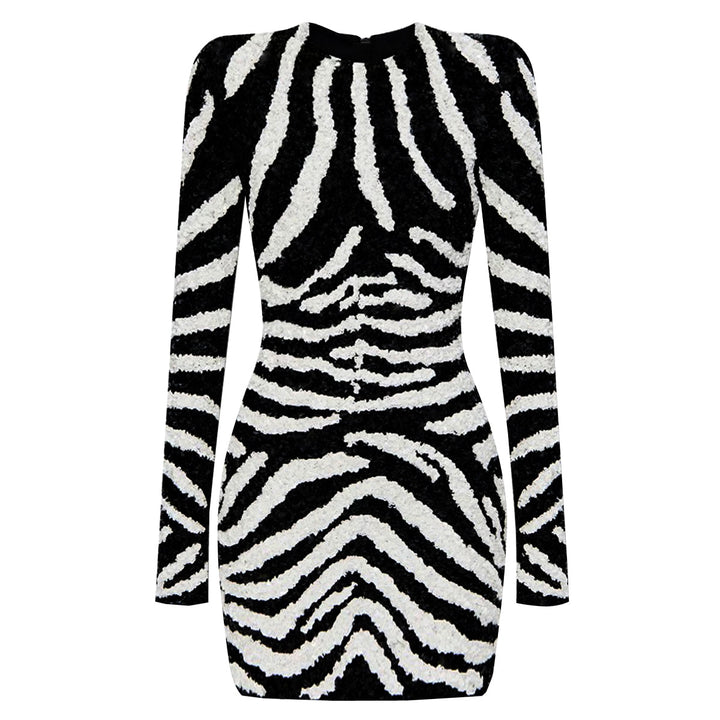 Round Neck Rhinestone Zebra Dress