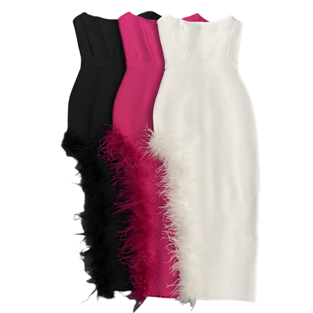 Strapless Side Feather Midi Dress