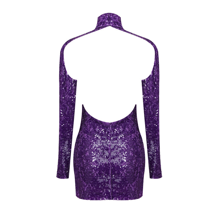 Mock Neck Sequin Backless Dress