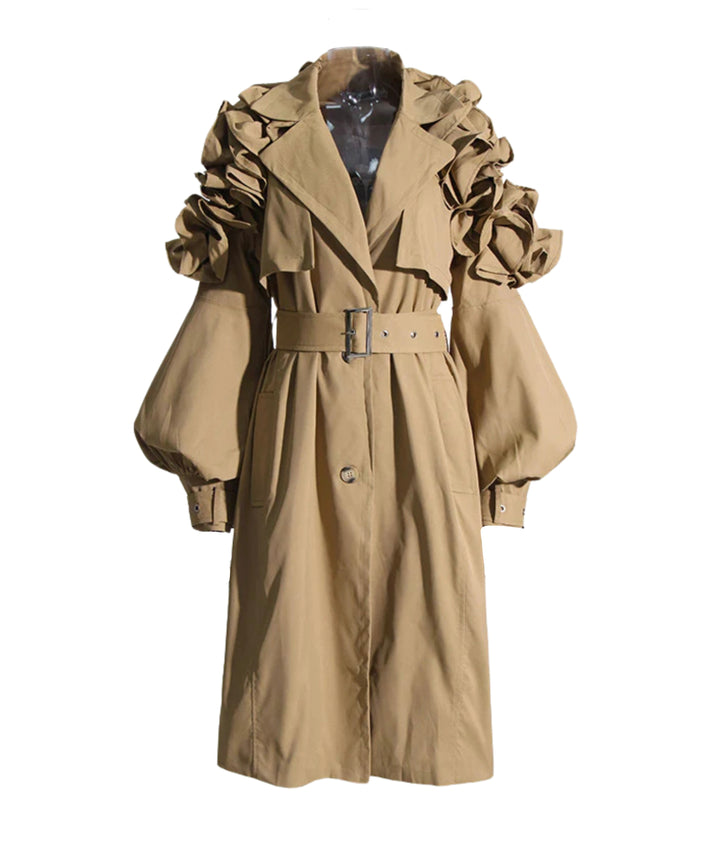 Ruffle Shoulder Mid Length Trench Coat