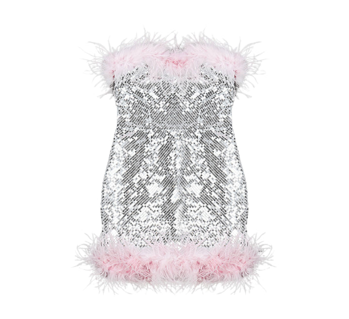 Sequined Strapless Feather Dress