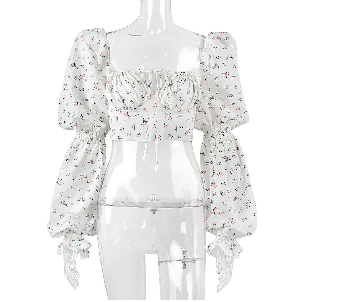 Square Neck Floral Puff Sleeve Crop Top