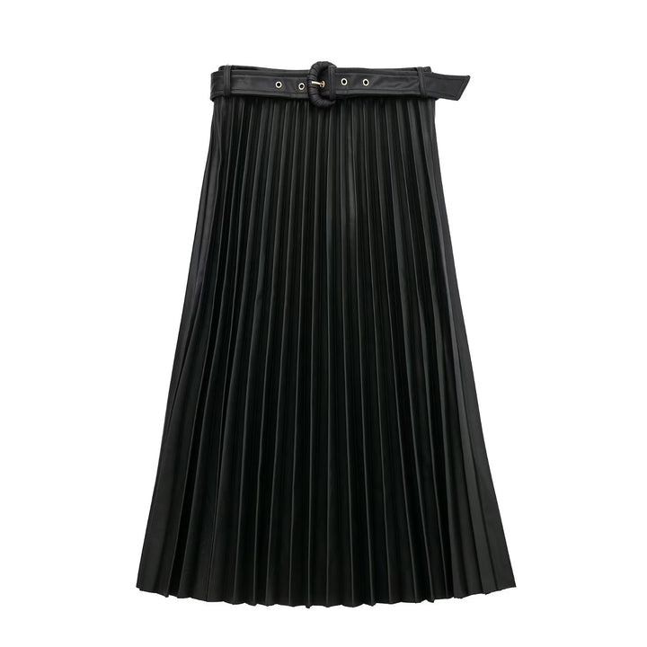 Vegan Leather Pleated Midi Skirt