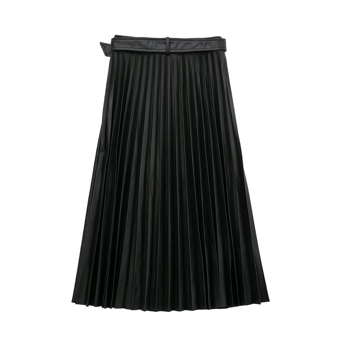 Vegan Leather Pleated Midi Skirt