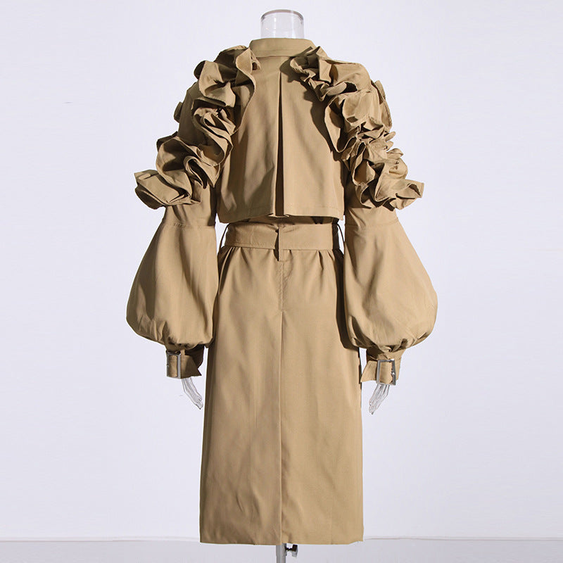 Ruffle Shoulder Mid Length Trench Coat