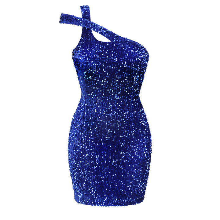 Sequined Sloping Shoulder Mini Dress