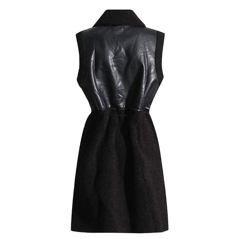 Tie Waist Vegan Leather Long Sleeveless Coat