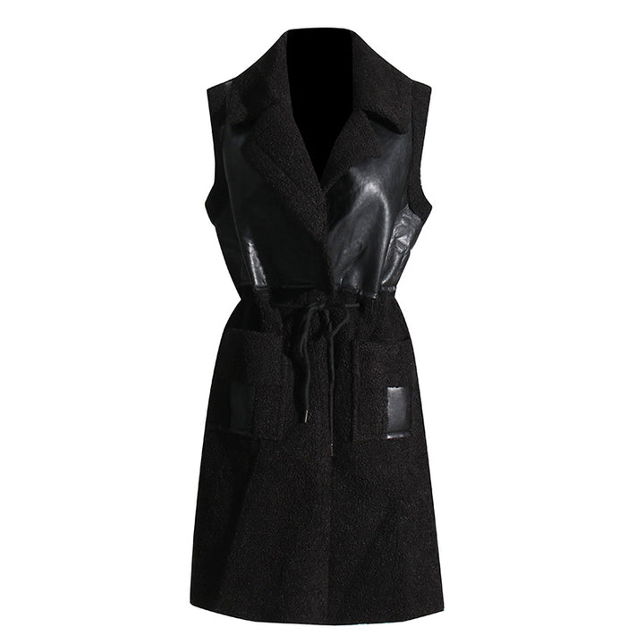 Tie Waist Vegan Leather Long Sleeveless Coat