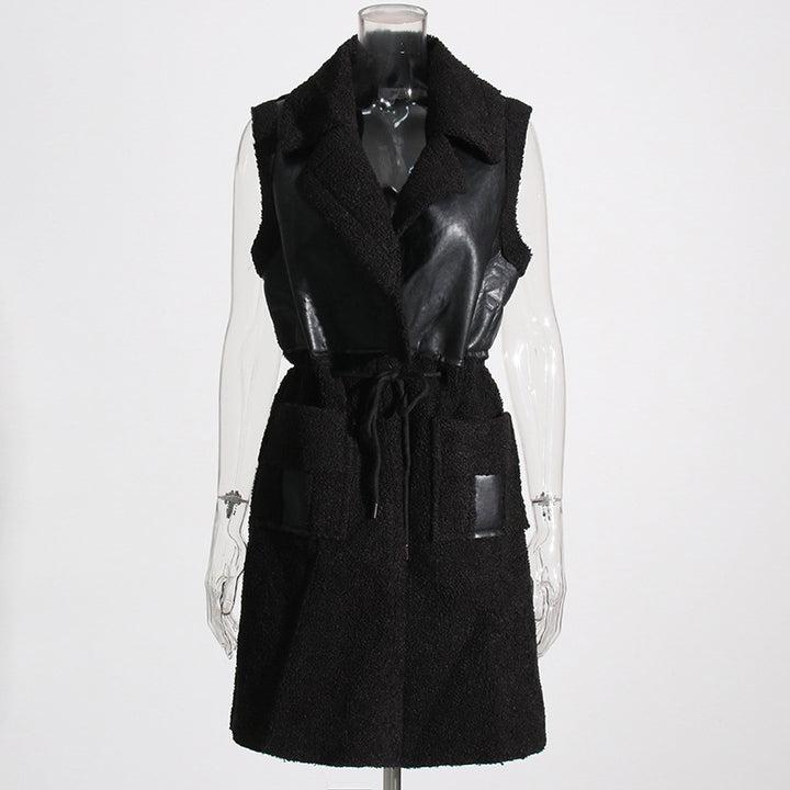 Tie Waist Vegan Leather Long Sleeveless Coat