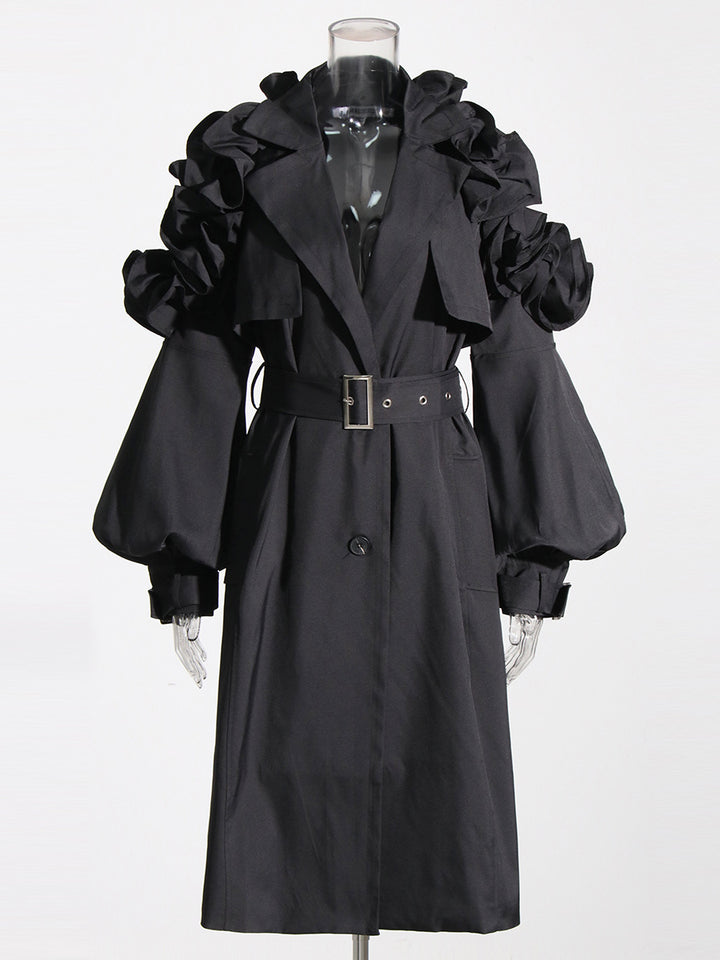 Ruffle Shoulder Mid Length Trench Coat